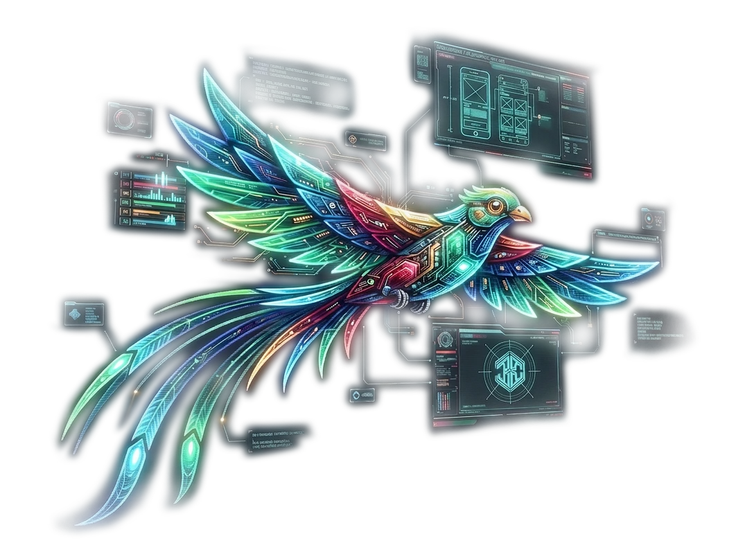 Holographic cybernetic quetzal — the studio's telemetry centerpiece